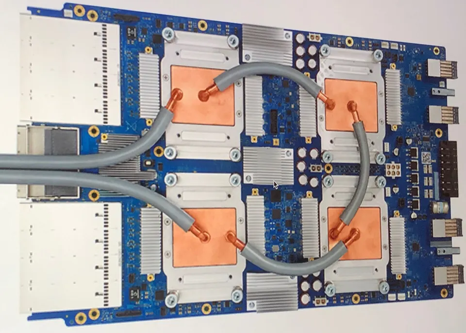 File photo of a Google Tensor Processing Unit 3.0 board with four liquid-cooled chips, an earlier generation than the TPUs Oracle will offer