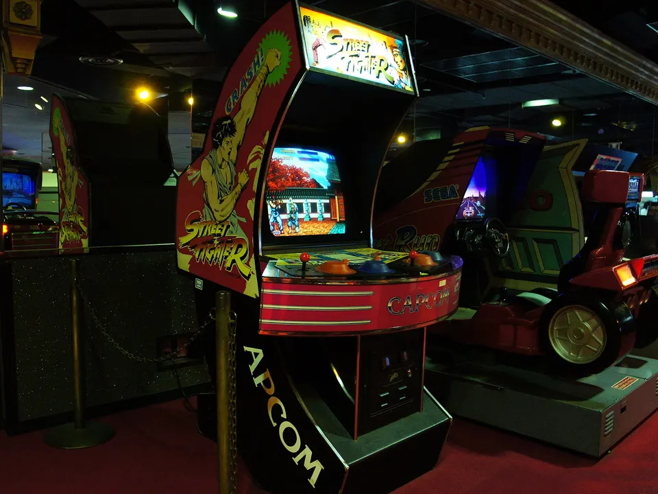 Capcom Street Fighter arcade cabinet in an arcade, contextual photo of the original game