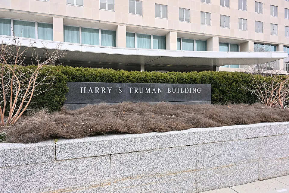 Contextual file photo of the Harry S Truman Building sign, headquarters of the US State Department.