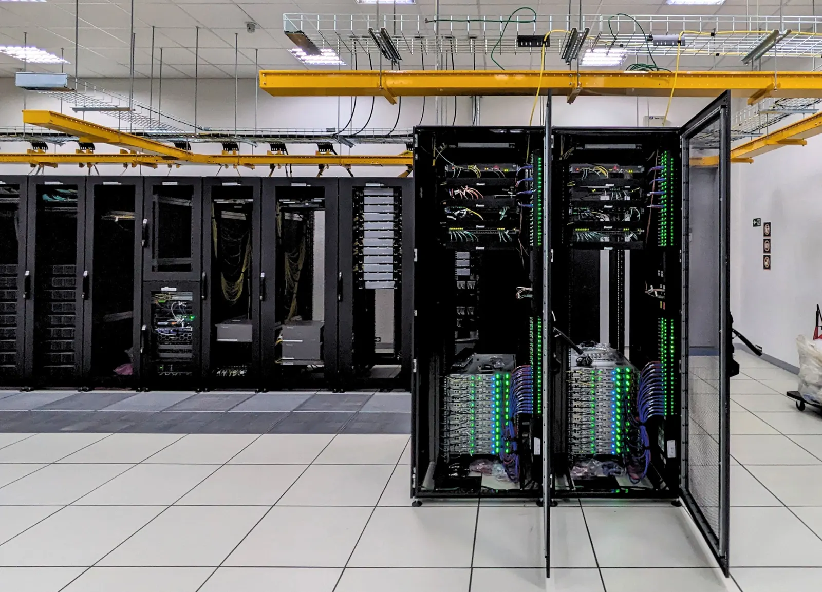 Contextual image: server racks inside a Wikimedia Foundation data center in Brazil, one cabinet open